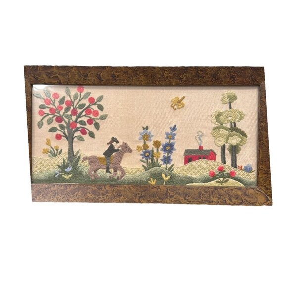 Vtg Framed Folk Art Embroidery/Crewel George Washington? On Horse Cherry Tree - Picture 2 of 9